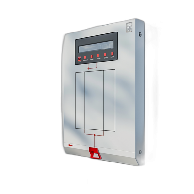 3D rendering of a white and grey digital security panel with a red button on a black background, in the style of product photography, shown from the front view.