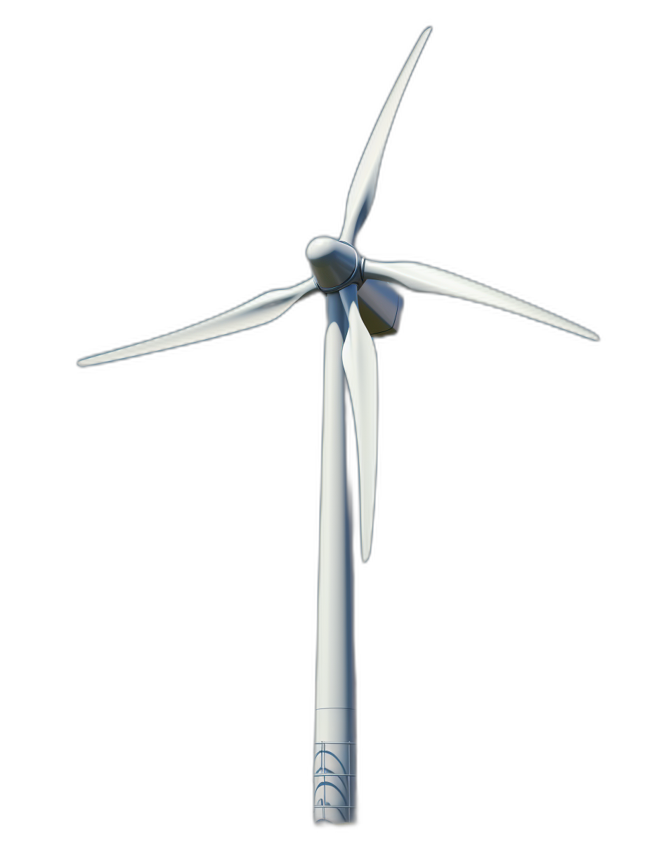 A wind turbine, white with blue accents, on a black background, in an isometric view, with no shadow at the bottom of the picture, rendered in a photorealistic style.