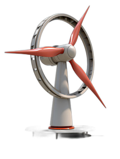 3D rendering of a small white and red wind turbine with a circular base on a black background, in a low angle shot, with high resolution photography.