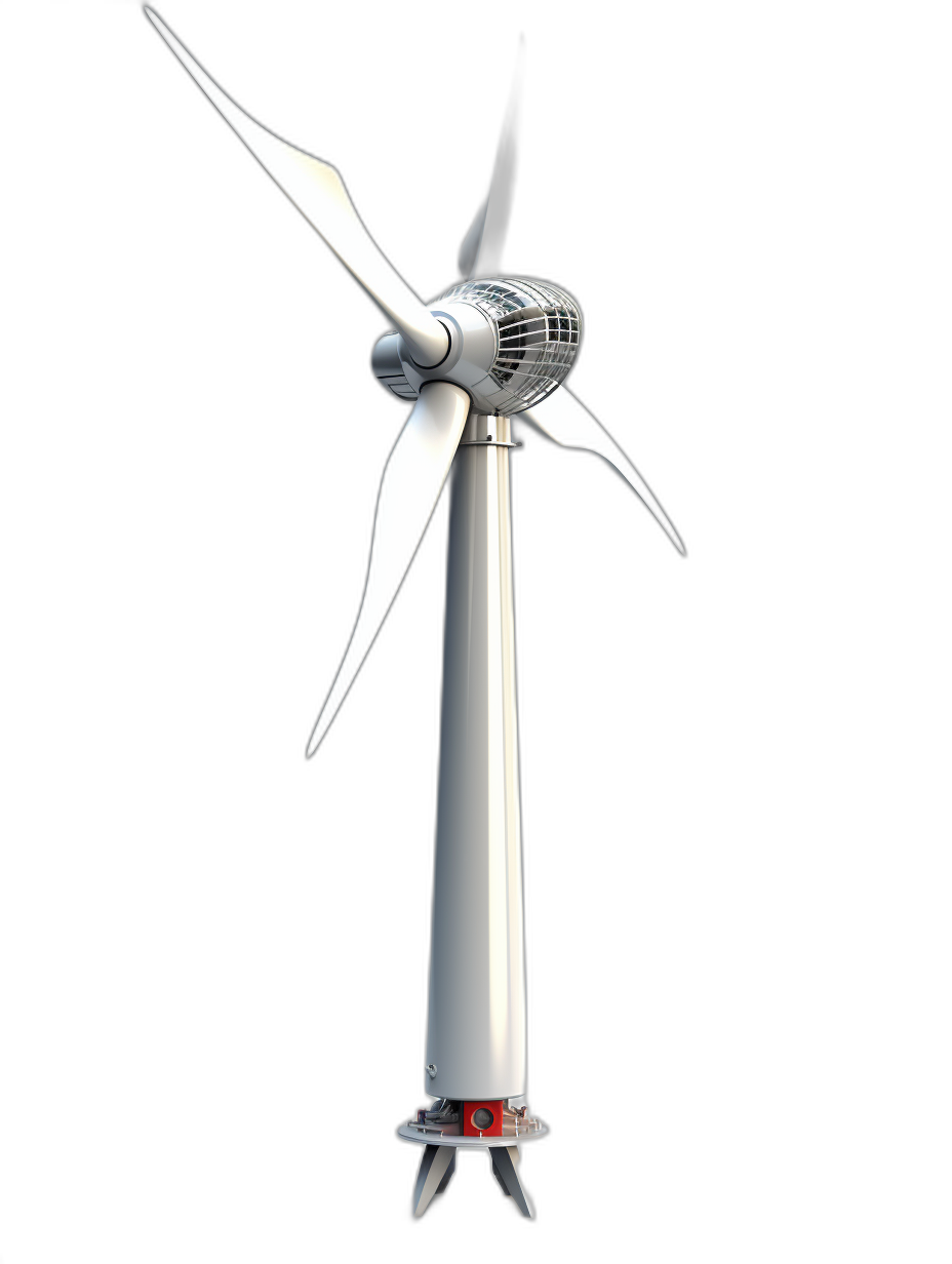 A wind turbine, white in color with red details, 3D rendering, black background, studio lighting, high resolution photography, hyper realistic, super detailed in the style of the artist.