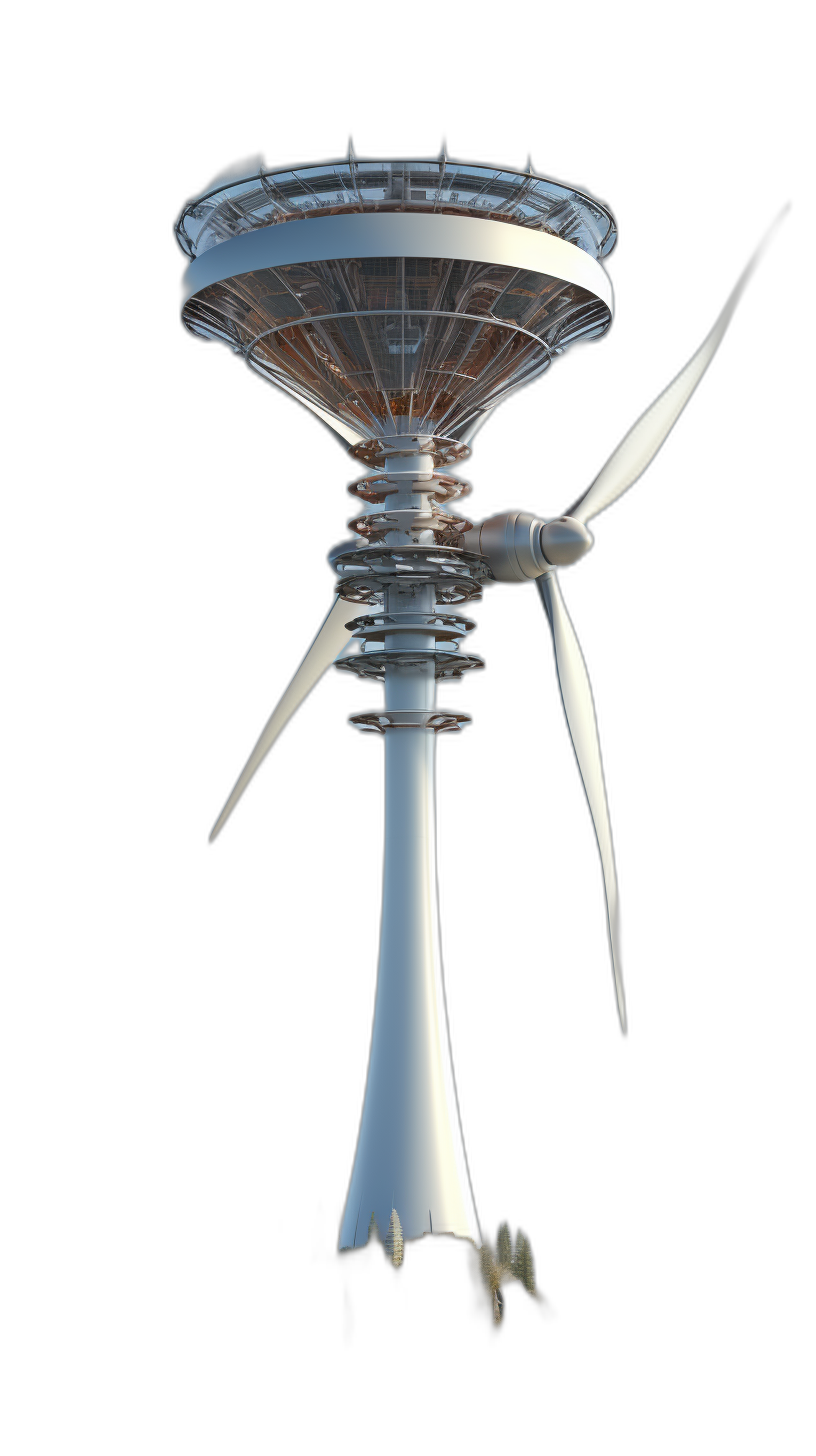 A wind turbine with three blades, three white propellers and an open air tower on black background, futuristic style, hyperrealistic, high resolution, in perspective view from the ground, front angle, concept art by [John Harris](https://goo.gl/search?artist%20John%20Harris)