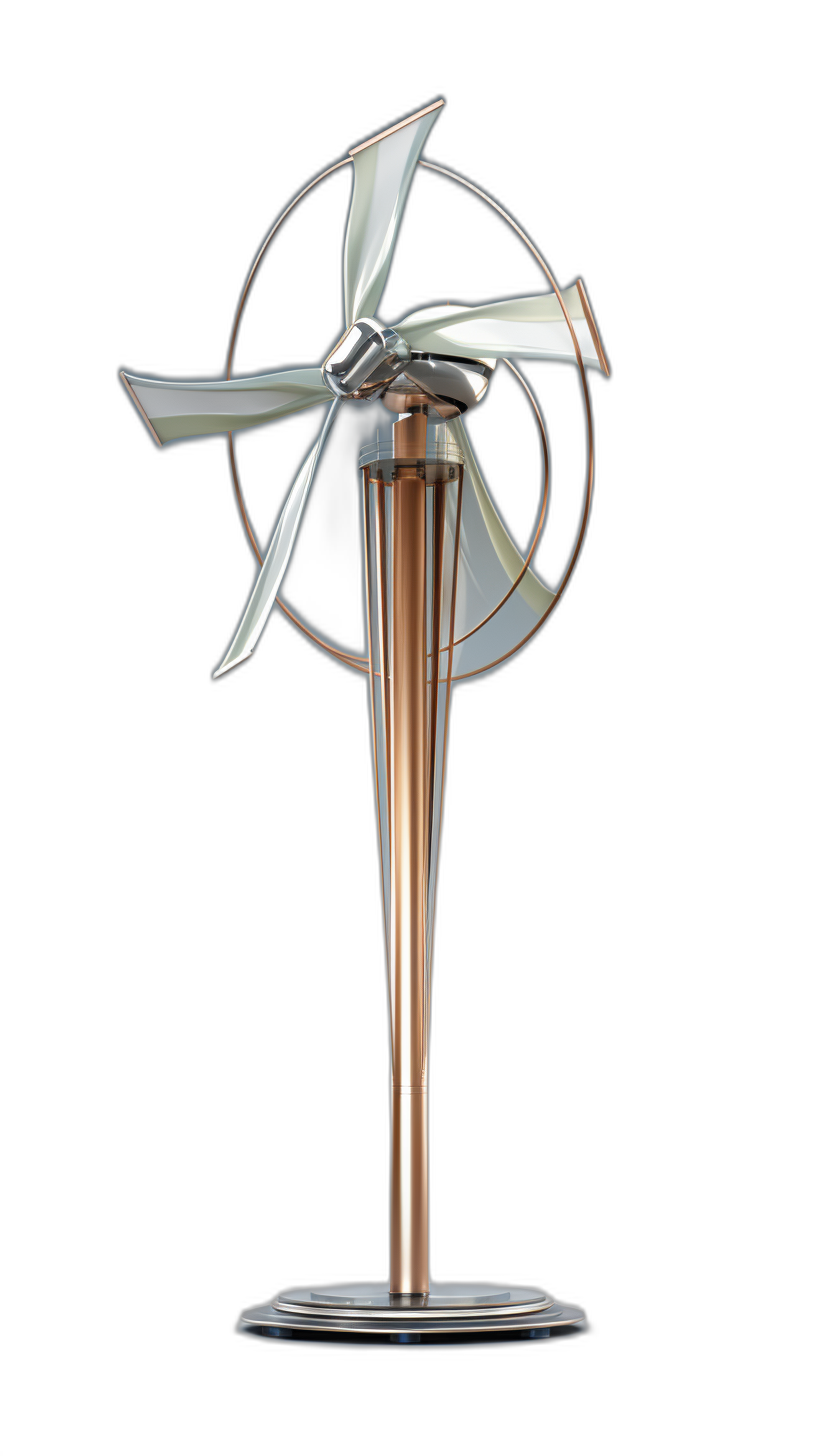 A vertical wind turbine with three blades, designed in the style of [Eero Saarinen](https://goo.gl/search?artist%20Eero%20Saarinen) and styled as Art Deco. The colors should be metallic silver on top, white metal for middle, and polished copper for bottom blade. black background.