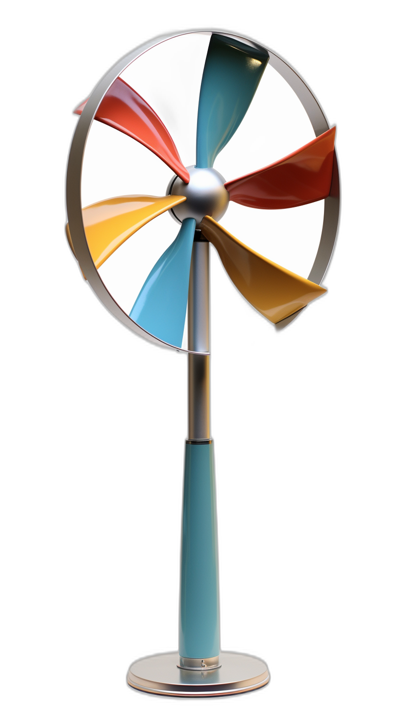 a colorful pinwheel fan with an aluminum body and blue metal stand, on black background, high resolution photography