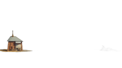 A small medieval wooden windmill on the left side of an empty black background, minimalist, simple shapes, in the style of Pixar.