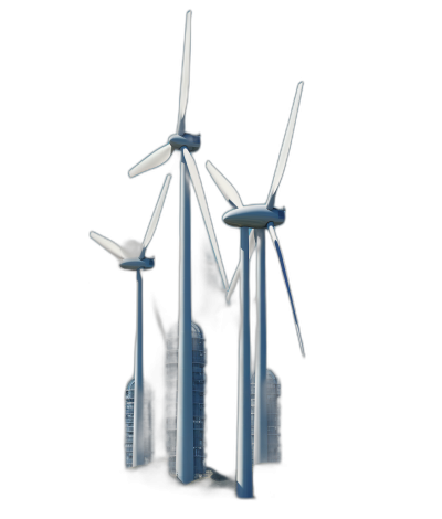 3 wind turbines with blades in the shape of skyscrapers, isolated on black background, white color, isometric view, hyper realistic, octane render