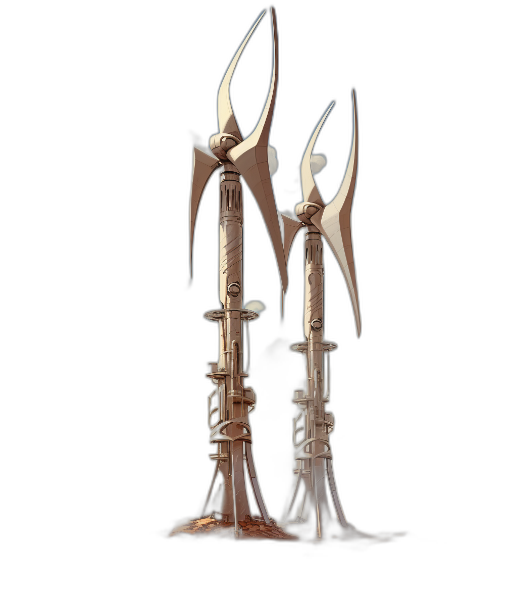 3d concept art of two long, slender spears with curved blades and blades that have sharp points on the ends. The tips end in small bronze spikes. Black background. In fantasy style.