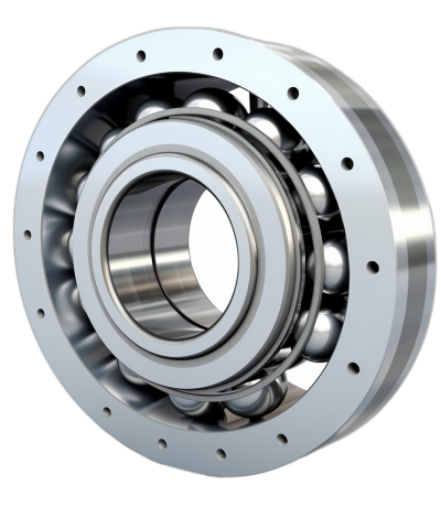 3D render of the inner working structure of an enclosed ball bearing on a black background, with highly detailed white and silver colors in a photorealistic style.