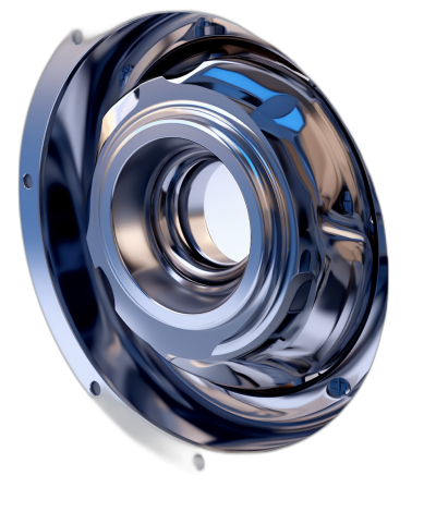 3d render of shiny metal camera lens, blue reflections on the glass and silver elements, isolated black background, close up