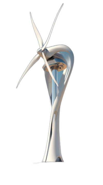 A wind turbine, made of white metal and blue glass, is placed on the black background. The sculpture has an abstract shape with curved lines and smooth curves, giving it a futuristic feel. It features high resolution and detailed elements. In front view, the composition highlights its elegant design and dynamic elements. in the style of