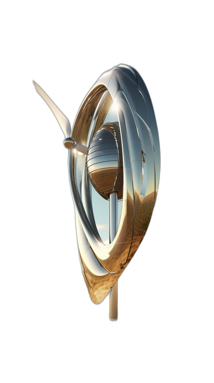 3d render of abstract futuristic windmill, shiny chrome and gold colors, isolated on black background, high resolution photography