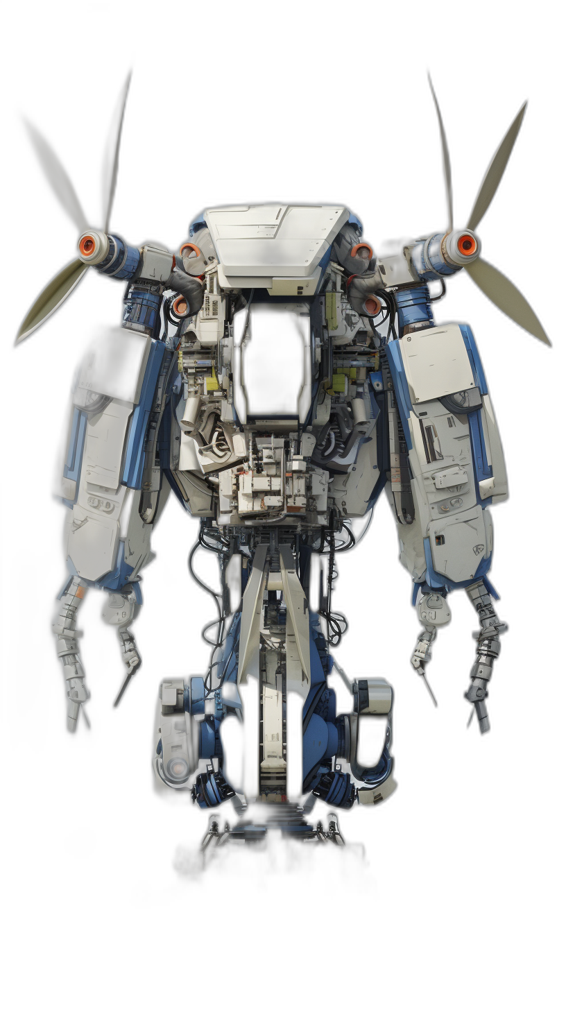 A robot with four propeller blades on its back, blue and white color scheme, black background, mecha style design concept art, symmetrical composition, mechanical structure, mechanical components on the front of it, highdefinition details, high resolution, 3D rendering, full body view,