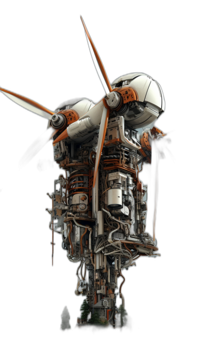 A hyper realistic photo of an intricately detailed model with the theme of wind power, on a black background, with an orange and white color scheme, in the style of steampunk.