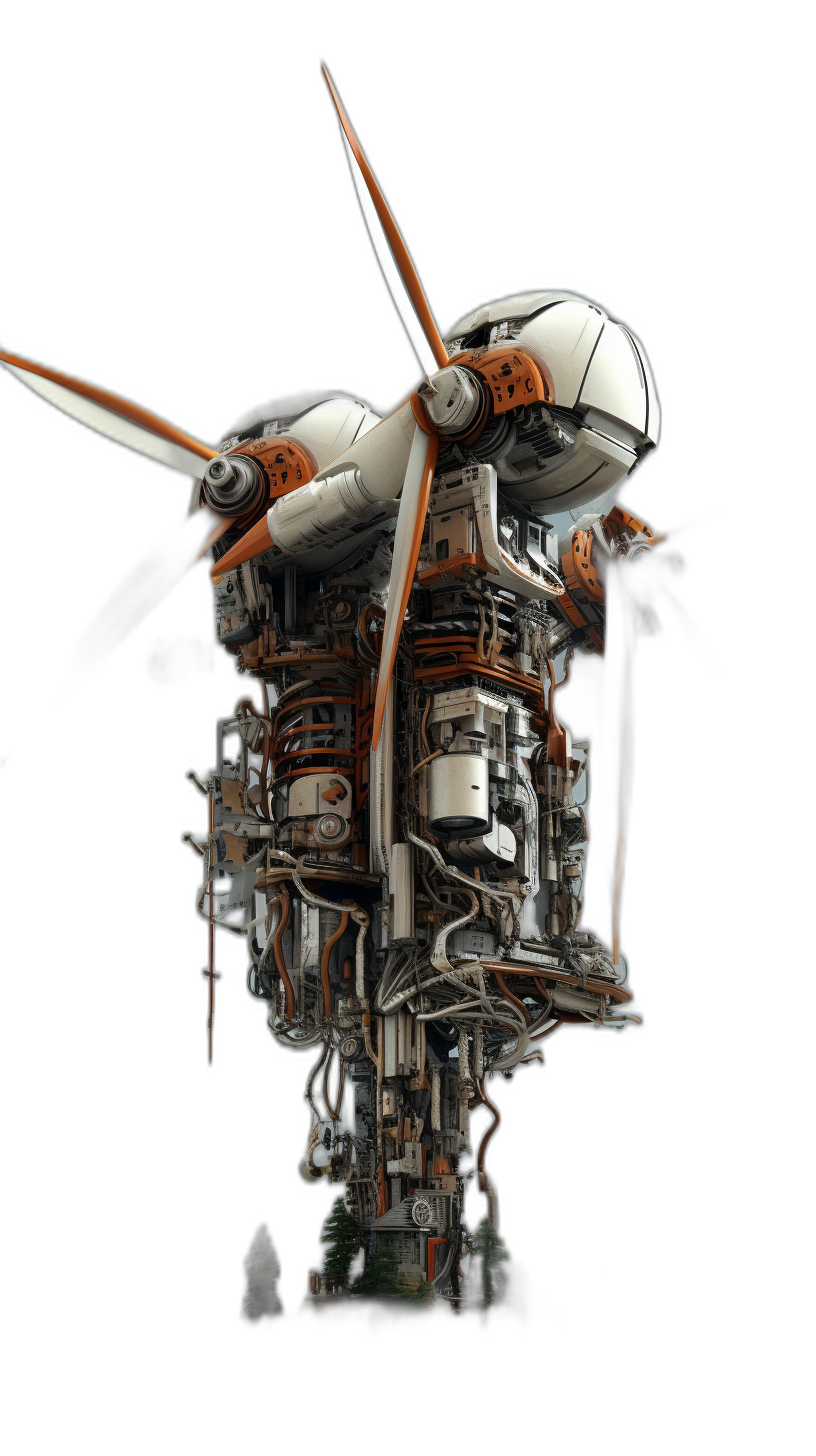 A hyper realistic photo of an intricately detailed model with the theme of wind power, on a black background, with an orange and white color scheme, in the style of steampunk.