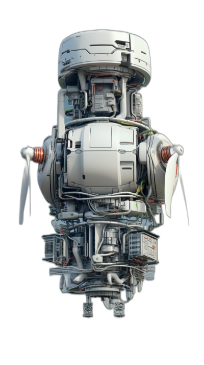 A vertical floating robot with a propeller engine, multiple complex components and parts of varying sizes on top, against a black background, in the style of a hyper realistic oil painting with minimal editing to the original text.