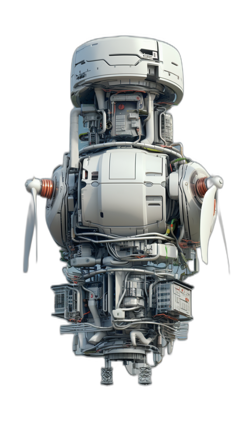 A vertical floating robot with a propeller engine, multiple complex components and parts of varying sizes on top, against a black background, in the style of a hyper realistic oil painting with minimal editing to the original text.