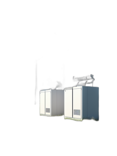 A simple minimalist 3D rendering of two white beer freezer cabinets with smoke coming out, floating in the air on a black background without shadows, rendered in Blender. The scene depicts the cabinets in the style of minimalism, with smoke emerging and the objects hovering without shadows on a black void.