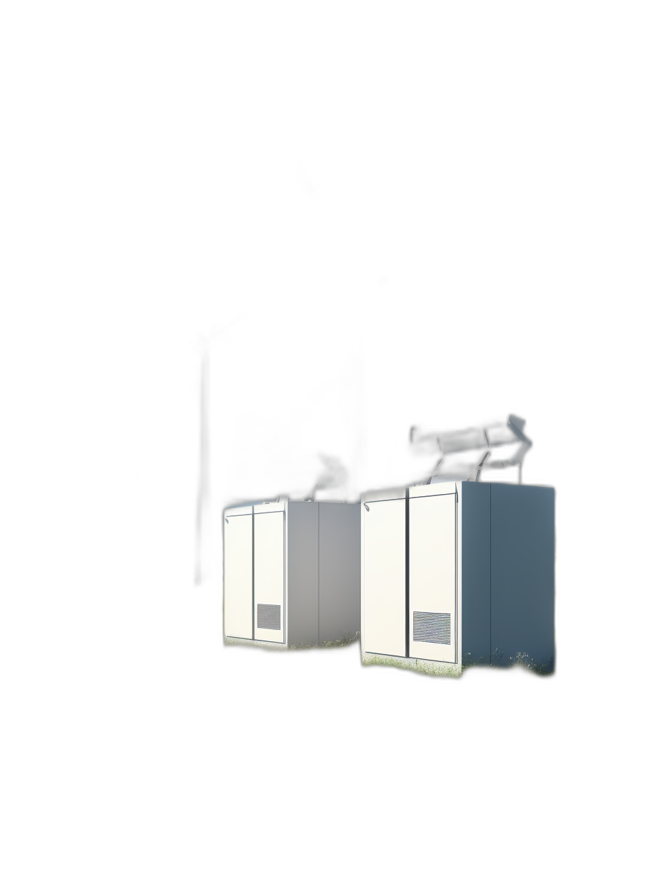 A simple minimalist 3D rendering of two white beer freezer cabinets with smoke coming out, floating in the air on a black background without shadows, rendered in Blender. The scene depicts the cabinets in the style of minimalism, with smoke emerging and the objects hovering without shadows on a black void.