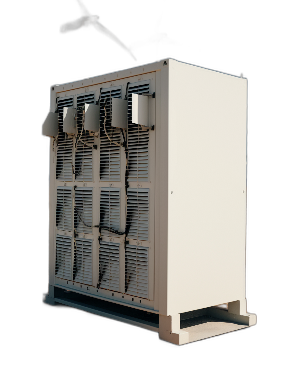 a photorealistic image of an industrial heat pump with multiple fans and air grill, on black background, product photography, white cabinet color, side view, perspective angle, 45 degree shot, high resolution