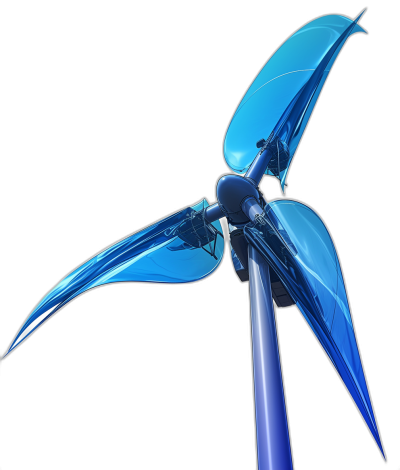 A wind turbine made of blue glass, the entire structure is composed entirely of transparent material with light inside, on a solid black background, in the futuristic style, with high definition photography and hyperrealistic details.