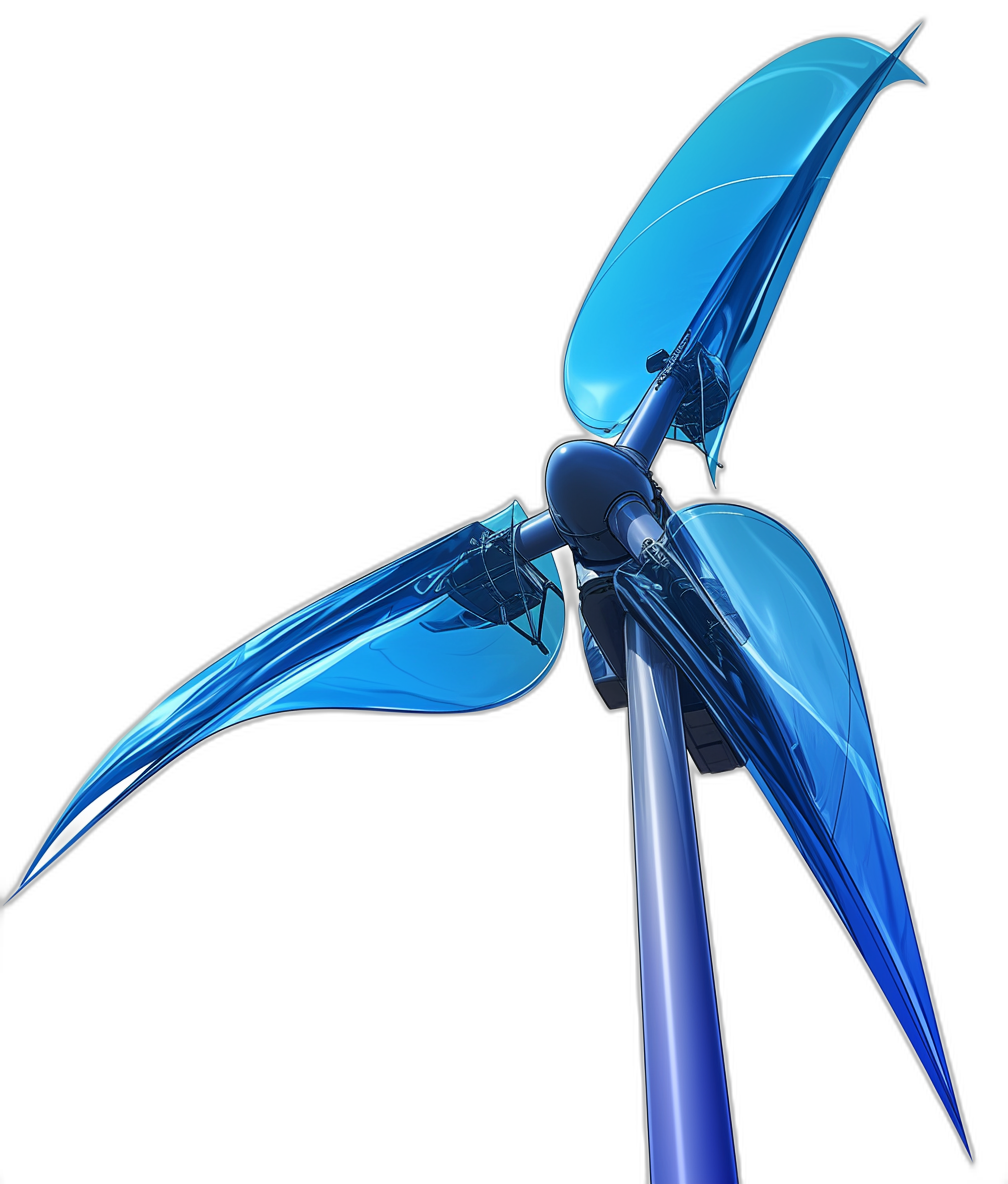 A wind turbine made of blue glass, the entire structure is composed entirely of transparent material with light inside, on a solid black background, in the futuristic style, with high definition photography and hyperrealistic details.