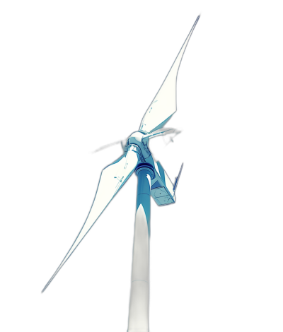 A wind turbine with white and blue colors, flying in the air at night, low angle shot, simple background, closeup shot, in the style of anime, 3D rendered, high resolution, ultra detailed, high quality, sharp focus, clear contrast, bright colors, black background.