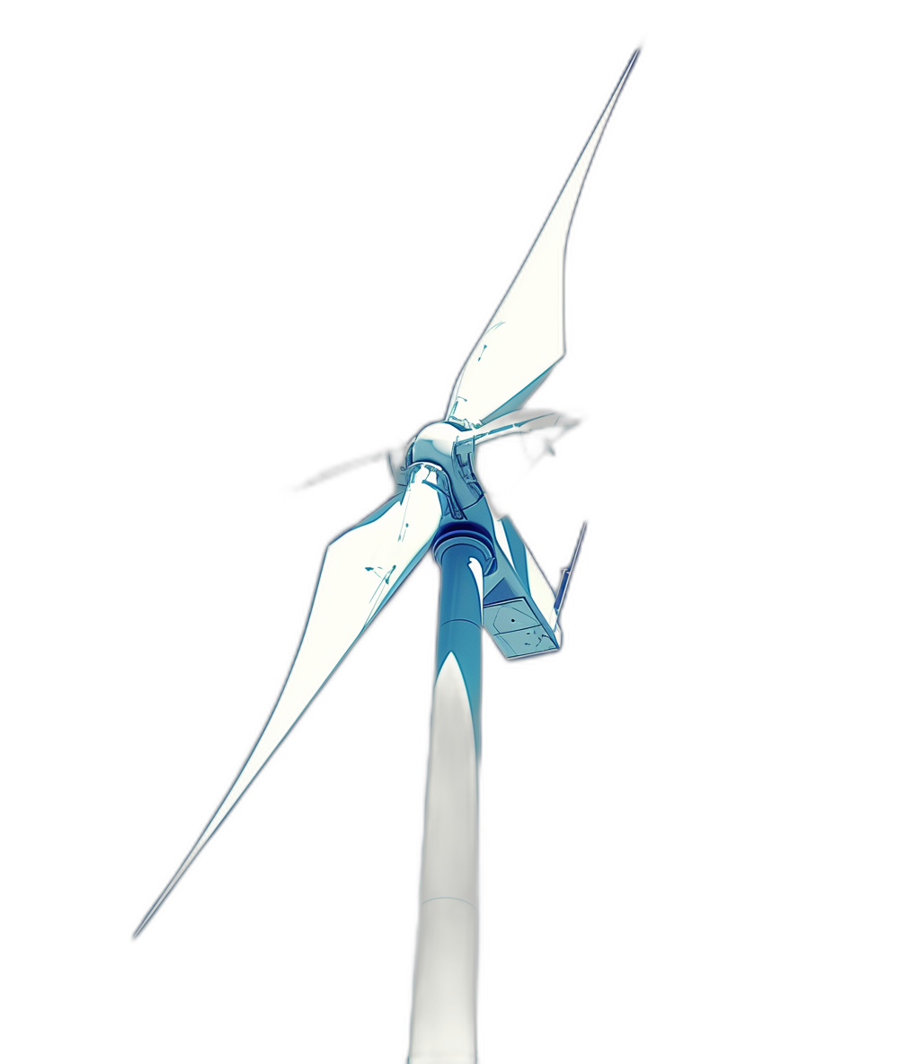A wind turbine with white and blue colors, flying in the air at night, low angle shot, simple background, closeup shot, in the style of anime, 3D rendered, high resolution, ultra detailed, high quality, sharp focus, clear contrast, bright colors, black background.