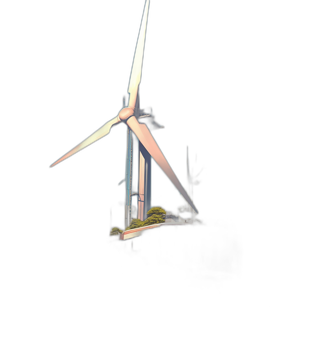 Realistic wind turbine, white in color with green grass on the blade and tower, flying in a black background, with high resolution, high quality, high detail, and cinematic lighting in the style of a hyper realistic, super detailed 3D rendering in HD high definition.