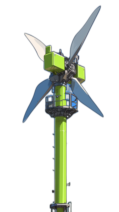 a wind turbine with two blue blades and one green blade, on top of the structure is an electric engine for power generation, it has three floors that can be used to house people or equipment, all in cartoon style on black background, 3d rendering,