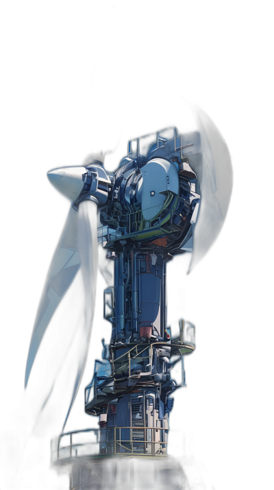 A wind turbine with a blue engine, black background, in the style of anime, vector art, flat design, highly detailed, 3D render, 20 megapixels, sharp focus, studio lighting, hard light, close up, side view, in the middle of the frame, on top of the tower, in the style of hyper realism, photo realism, shot from below, high resolution, high contrast, high detail, high definition, volumetric, global illumination.