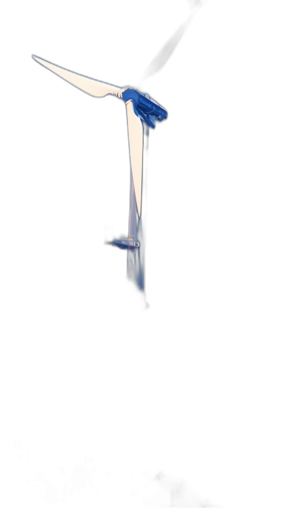 A wind turbine with blades made of blue paper, illuminated on the left side against a black background. The scene is captured from an overhead perspective in full frame, in the style of bright white light.