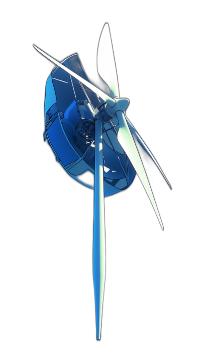 A wind turbine with blue and white blades on a black background, in the anime style, vector illustration, 3D render, 2D flat design, high resolution, highly detailed, sharp focus, studio lighting, 50mm lens, centered composition, hard light, no shadow.