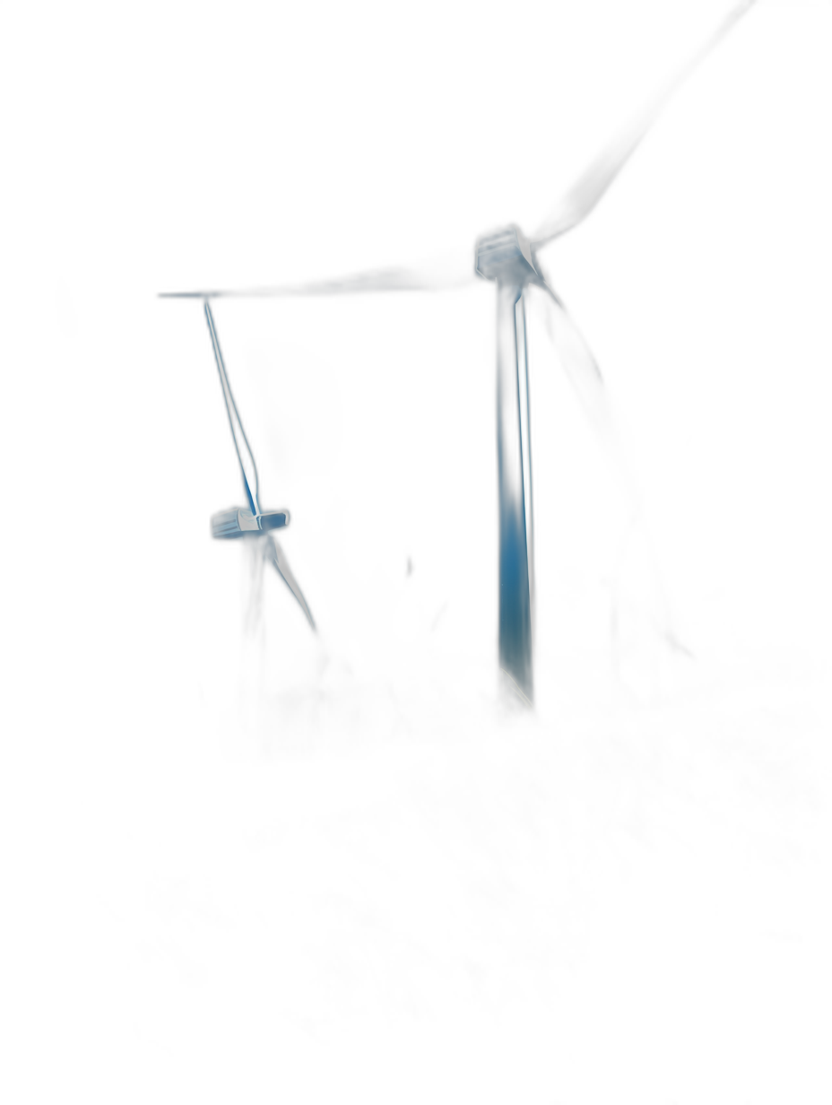 Minimalist black background with two blue glowing wind turbines, no shadows, in a low light style, rendered in the style of octane.