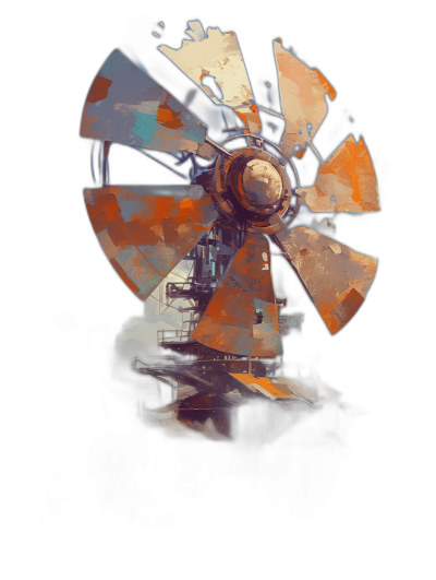 industrial windmill, digital art style, vector illustration, dark background, rusty debris, cyberpunk colors, low light, heavy shadows, contrast of warm and cold tones, orange, blue, green color palette, oil painting style, brush strokes, flat design, 2d