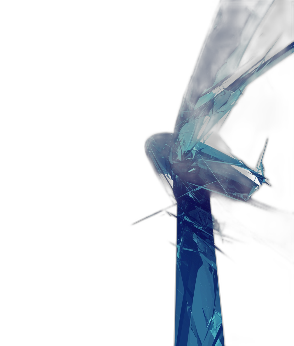 A wind turbine made of blue glass on a black background in a simple and minimalist style with abstract shapes and geometric forms with sharp edges, rendered in high resolution and hyper quality with 3D modeling software like C4D and Blender using an OC renderer at ultrahigh definition with approximately 8K resolution.