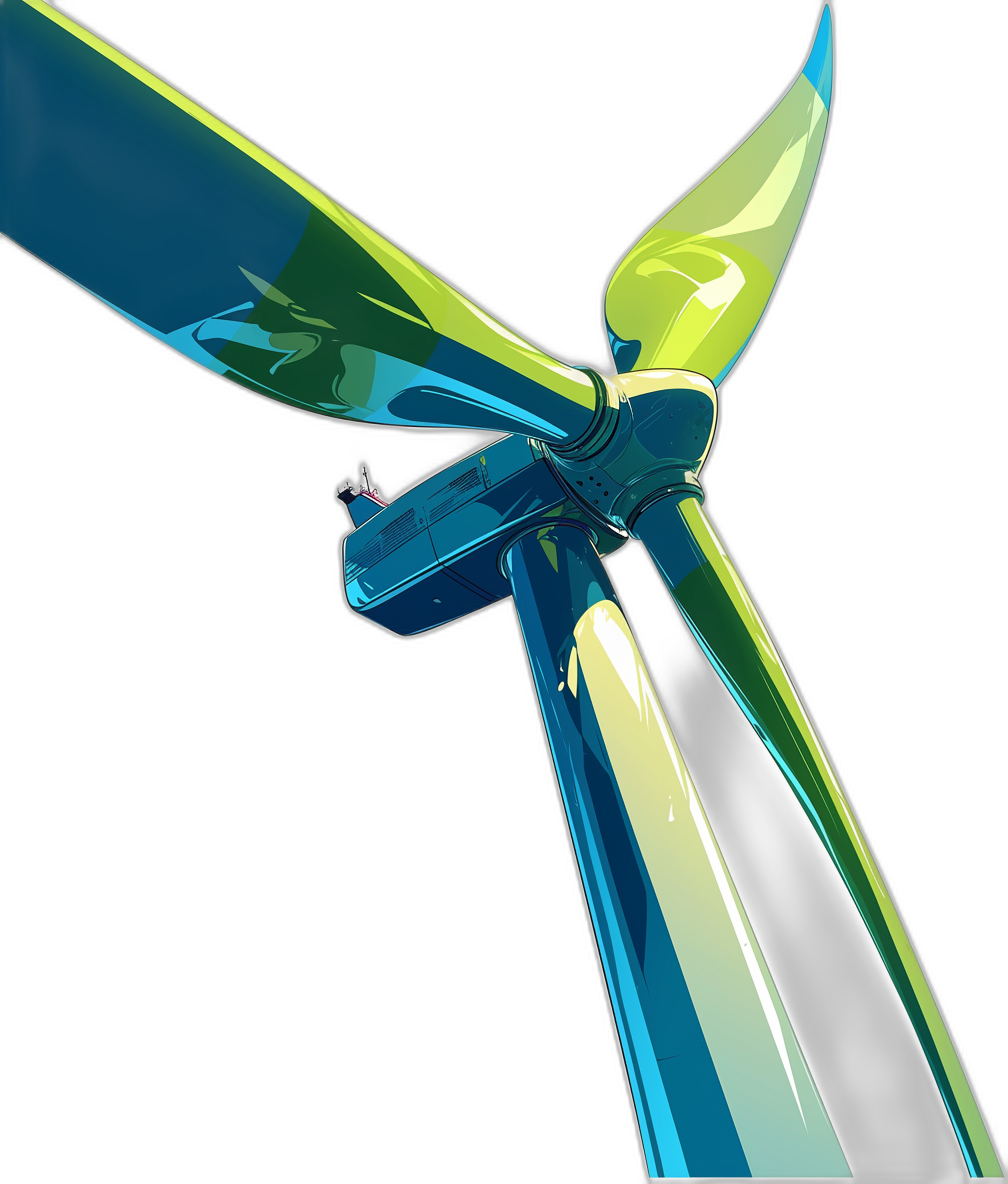 A wind turbine with blades made of blue and green glass, on a black background, rendered in a hyperrealistic, 3D style from a low angle view, in the style of high resolution photography.