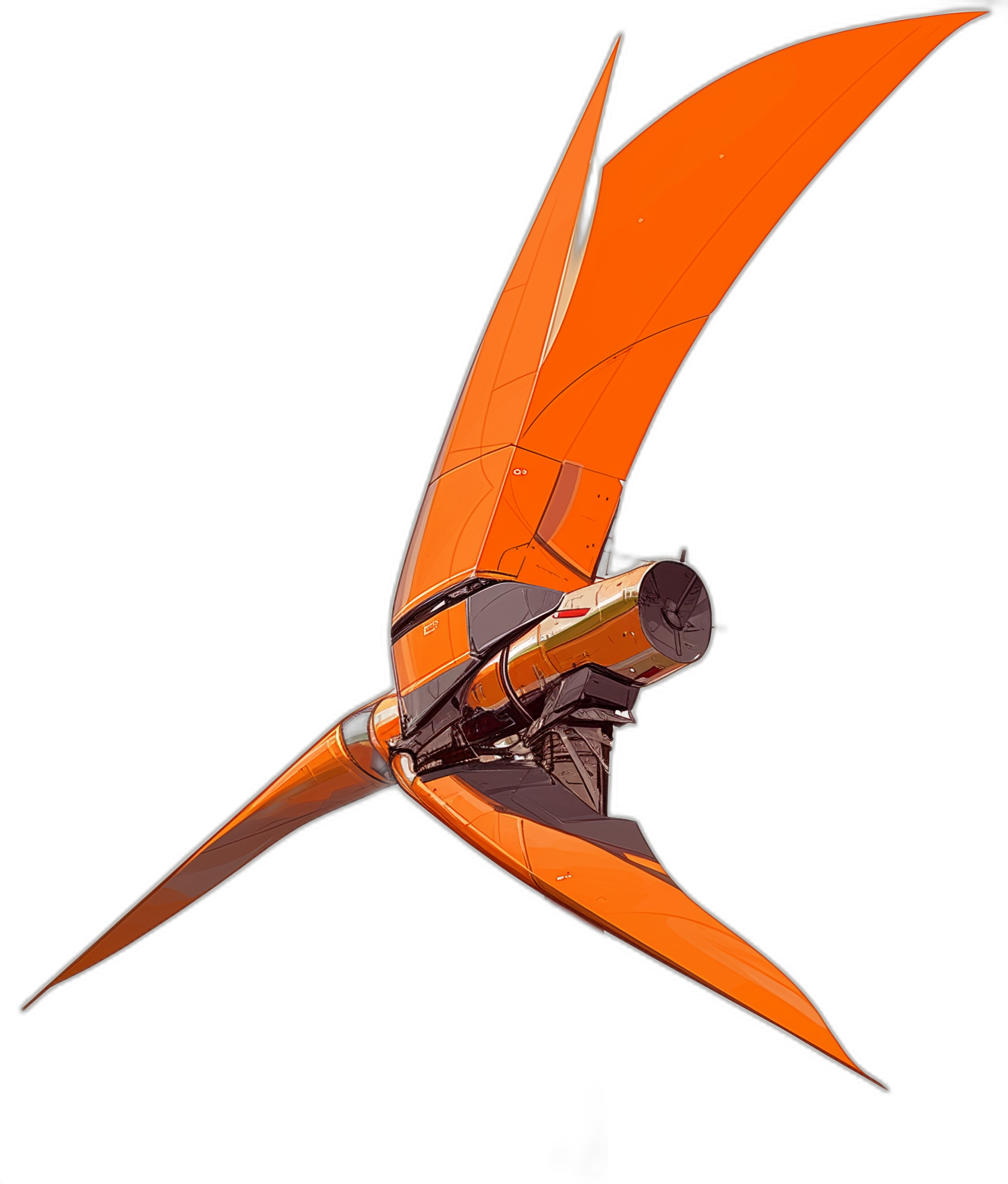 An orange flying machine with wings and a rocket engine, in the style of [Moebius](https://goo.gl/search?artist%20Moebius), on a black background.