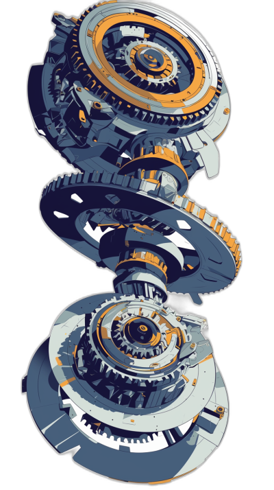 blue and orange mechanical gear, vector illustration in the style of [Moebius](https://goo.gl/search?artist%20Moebius), cgsociety, character design, cartoonish, black background, 2d game art, hyper realistic