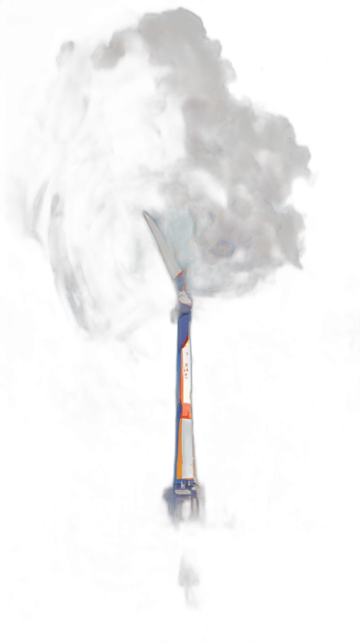 A rocket flying towards the Earth's atmosphere, surrounded by smoke and flames. The dark background creates an ominous mood as it rises into space. In front of it is a windmill with blue and white blades against a black sky. The style mimics digital art, with vibrant colors and a high contrast between light and shadow. This scene embodies hyperrealistic detail in a cinematic composition, in the style of digital art.