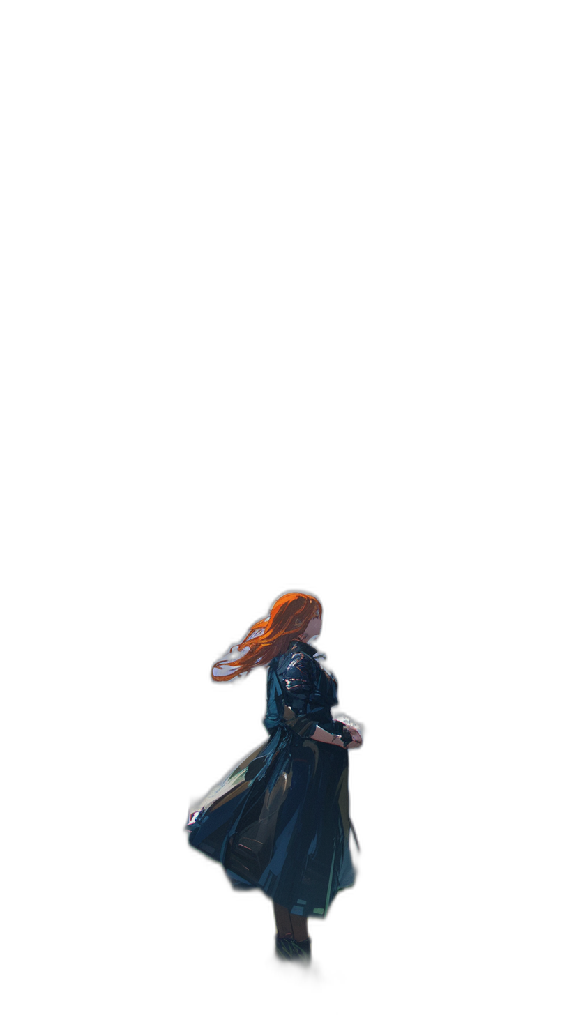 A red haired girl in a dark blue dress floating on a black background, painted in the style of Overwatch. The artwork is simple and minimalistic.