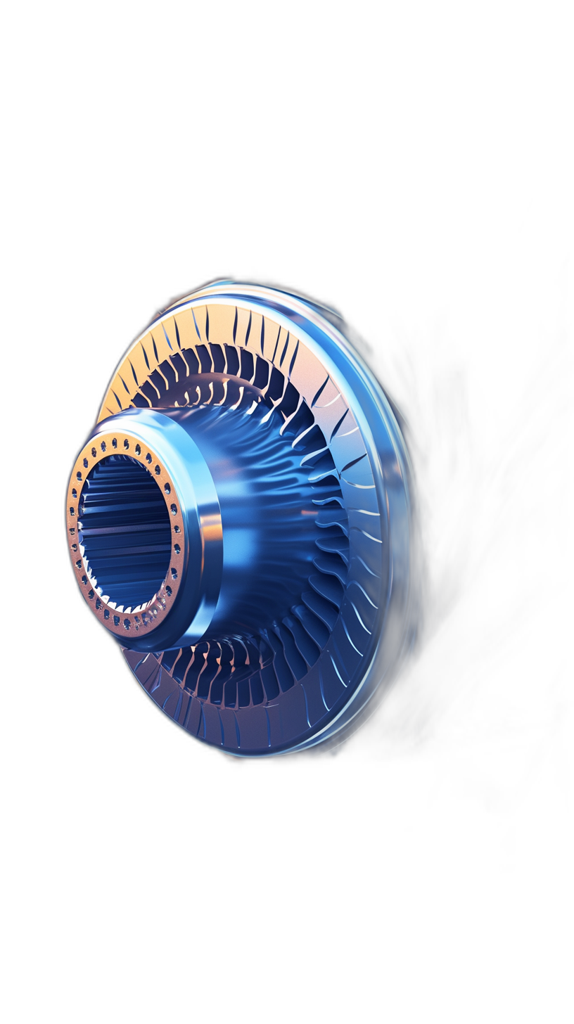 The side view of the fanshaped strSnake jet engine, with blue metal and silver details on black background, hyperrealistic, bright lighting, closeup, studio shot, minimalist style, centered composition, product photography, 35mm lens, f/20,