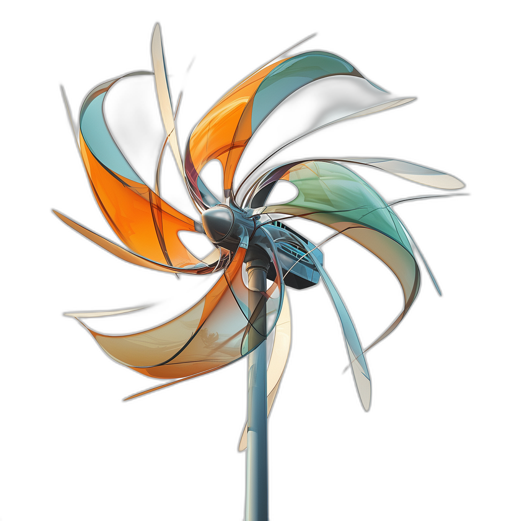 3D render of a colorful windmill on a black background, digital art with orange and teal colors in an elegant, simple design with sleek lines in the style of something futuristic, smooth curves, sharp edges with a metallic sheen at a high resolution.