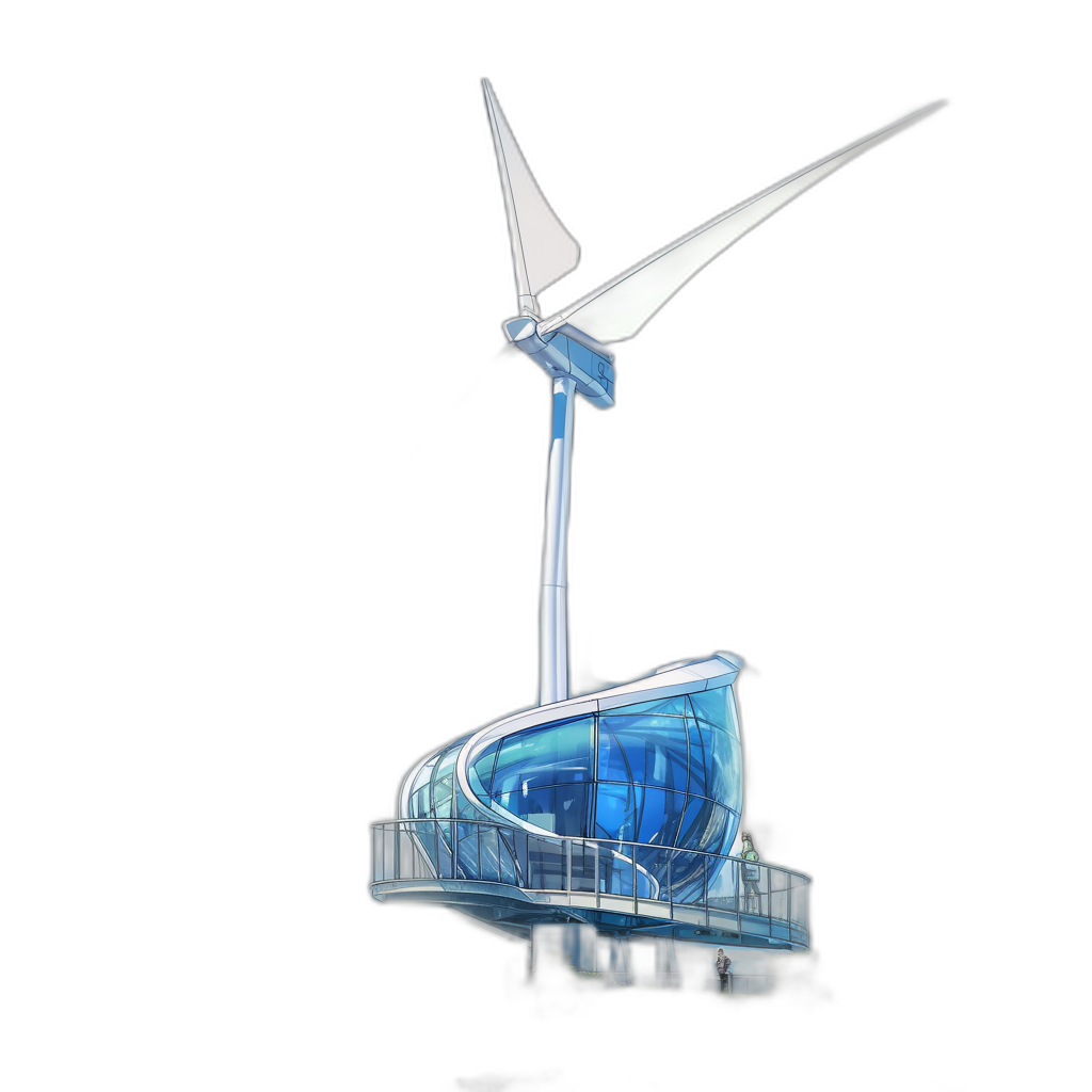 A wind turbine with blue glass and a black background in the style of Pixar and Disney, with a concept art style illustration of bioluminescence, rendered in octane with high resolution hyper realistic and hyper detailed photography.