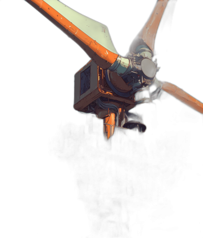 A small flying machine with a propeller, a white and orange color scheme, on a black background, in the style of [Studio Ghibli](https://goo.gl/search?artist%20Studio%20Ghibli)'s anime works, isometric view, close up.