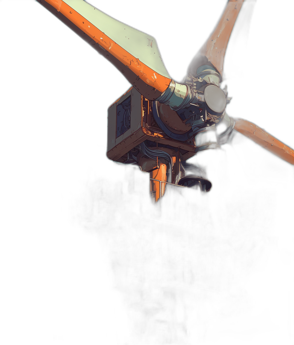 A small flying machine with a propeller, a white and orange color scheme, on a black background, in the style of [Studio Ghibli](https://goo.gl/search?artist%20Studio%20Ghibli)’s anime works, isometric view, close up.