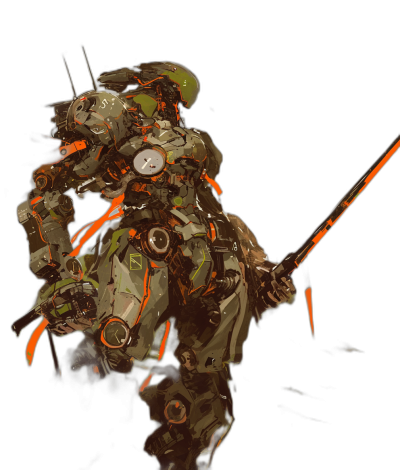 concept art of a mech suit soldier in the style of [Yoji Shinkawa](https://goo.gl/search?artist%20Yoji%20Shinkawa), holding a long sword against a dark background with orange and green highlights. A full body shot from a low side angle view, on a black background with detailed textures and visible brush strokes.