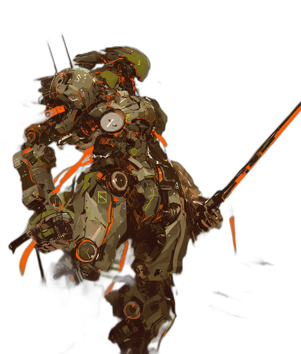 concept art of a mech suit soldier in the style of [Yoji Shinkawa](https://goo.gl/search?artist%20Yoji%20Shinkawa), holding a long sword against a dark background with orange and green highlights. A full body shot from a low side angle view, on a black background with detailed textures and visible brush strokes.