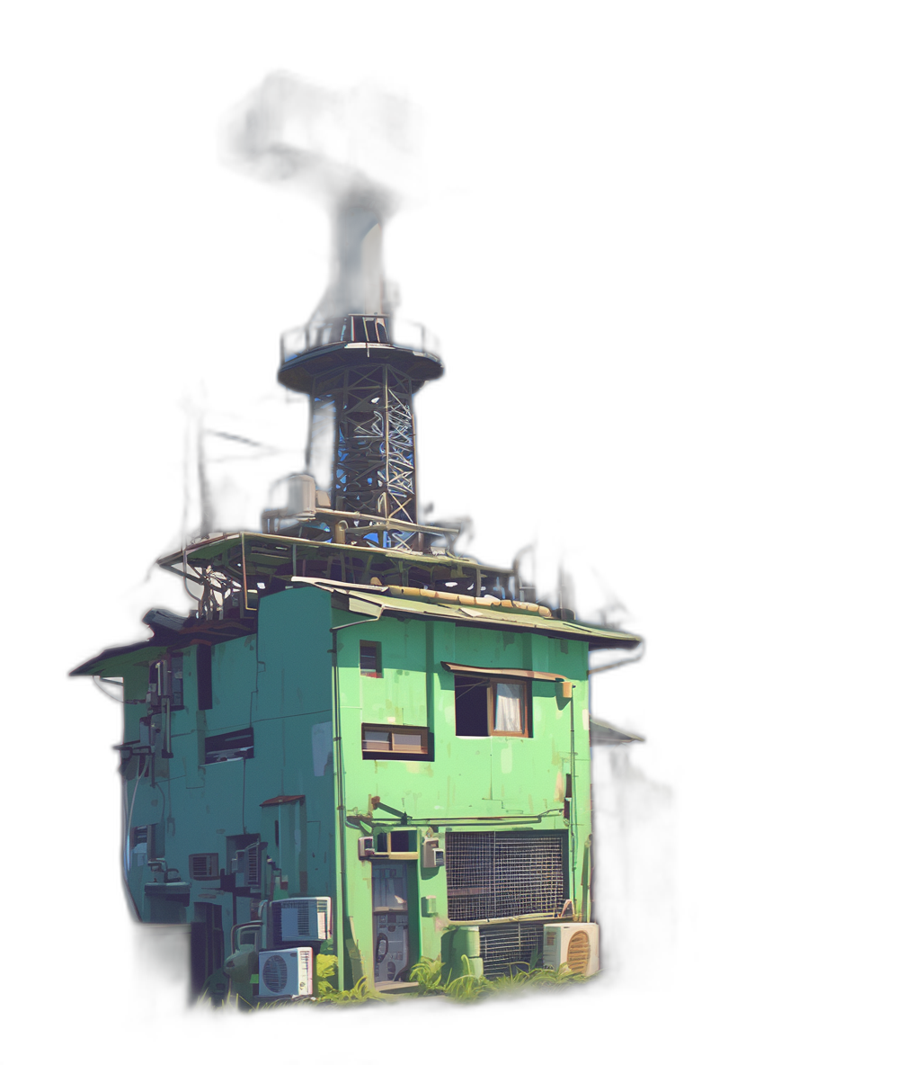 pixel art of an old and worn green building with black smoke coming from the chimney, a large metal satellite on top, on a solid black background, in the pixel style, low resolution with few pixels, low quality