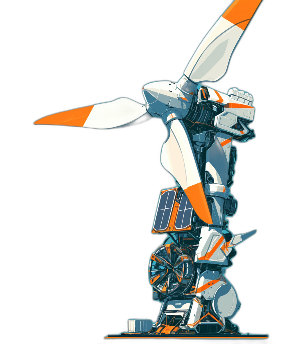 A white and orange wind turbine with a black background, vector illustration in the style of mecha anime, full body shot, wide angle view.