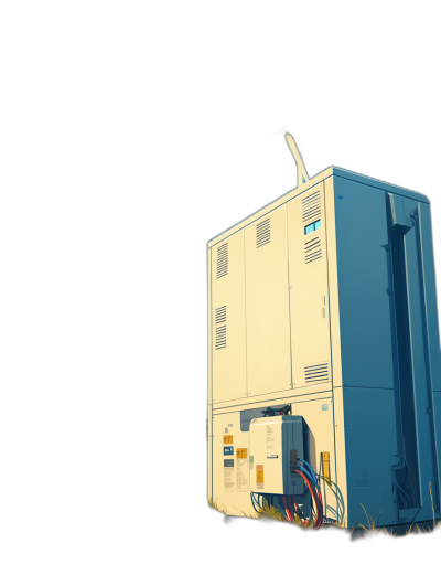 A simple cartoon illustration of an air conditioner unit on the ground, with a black background, in the anime style and low poly style, high resolution, bright colors, blue and white color scheme, dark brown grass at its base, and wires connected to it from behind. The whole is presented in a side view, showing only half or more than one edge of each object. A flat illustration. In the style of [Studio Ghibli](https://goo.gl/search?artist%20Studio%20Ghibli)'s animation.