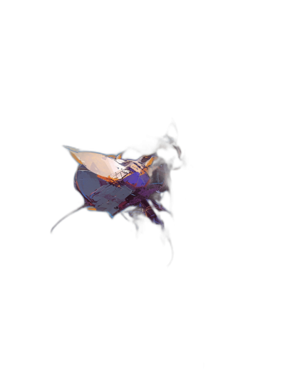 A minimalistic ultra-realistic photo of an abstract flying animal against a black background, with a color scheme of navy blue and purple tones accented with orange, in the grainy film style with very blurry details.